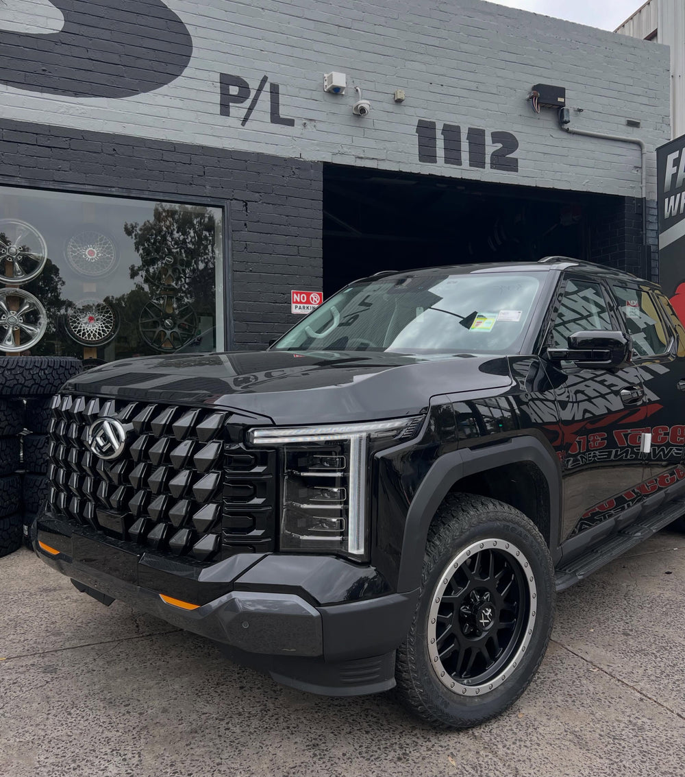 Black GWM Tank 500 on dark wheels at Fawkner Wheels & Tyres